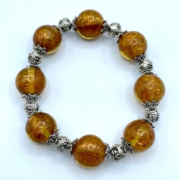 Stunning Amber Color Murano Glass Beaded Statement Stretch Bracelet Boho Bold